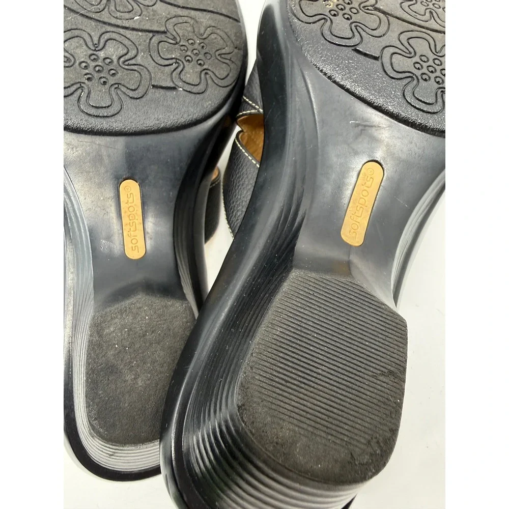 Softspots Womens Black Leather Strappy‎ Wedge Slide Sandals Toe Loop Size 6M